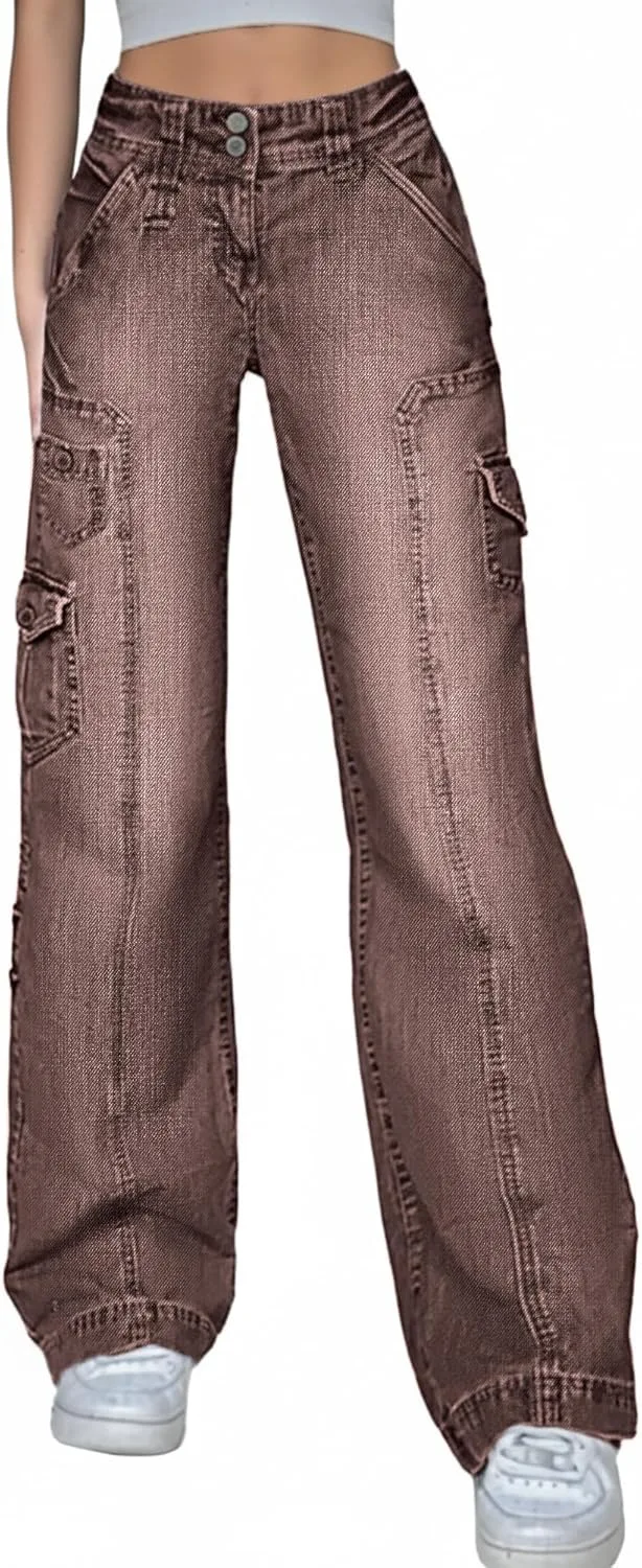 

Emmiol женские карго штаны Stretchy Wide Leg Baggy Jeans с карманами