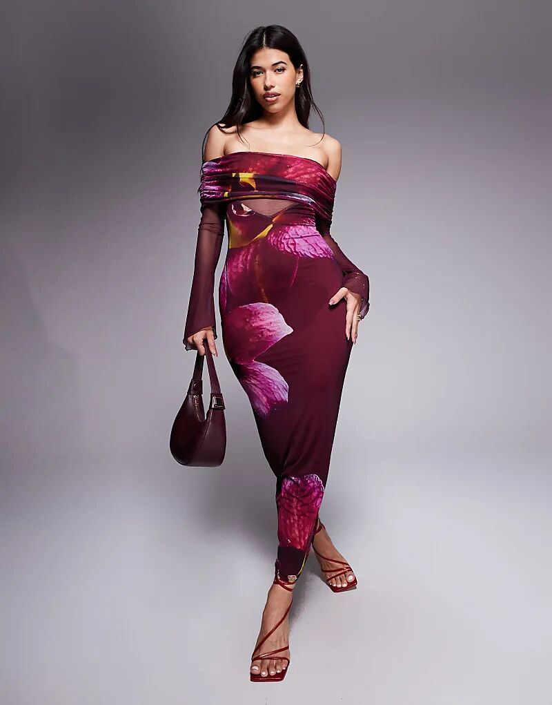 

Эксклюзивное двухслойное облегающее сетчатое платье Kaiia с прозрачными рукавами-ангелочками и вставками макси в бордово-фиолетовом цветочном стиле