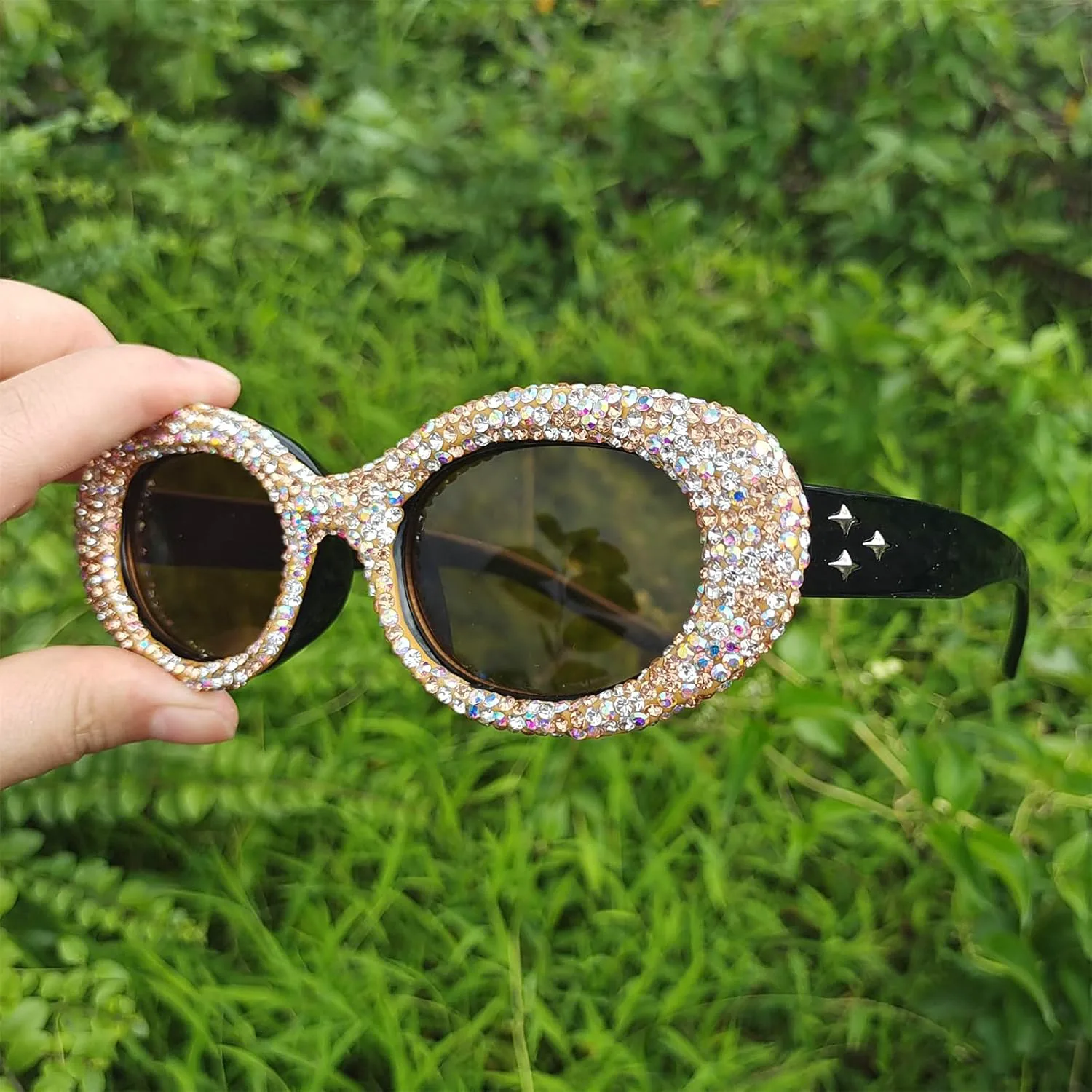 

Солнцезащитные очки Willochra с бриллиантами и стразами, овальной формы, для мужчин и женщин, модные, ручной работы, для вечеринок, с кристаллами, 2pcs-black&brown