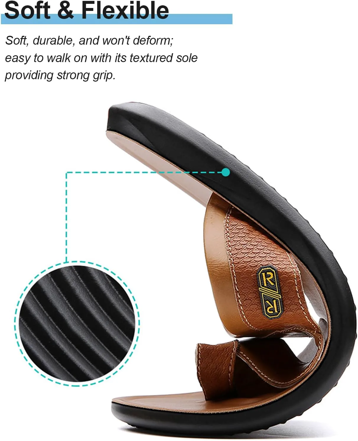 Mens Leather Flat Beach Сандалии Comfort Arch Support Anti Slip Flip Flop Сандалии For Vacation Beach Indoor & Outdoor Daily BANGTEUO, коричневый — фото 4