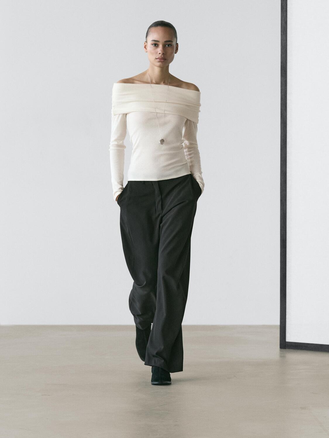 

Футболка из хлопковой смеси с открытыми плечами Massimo Dutti, cream