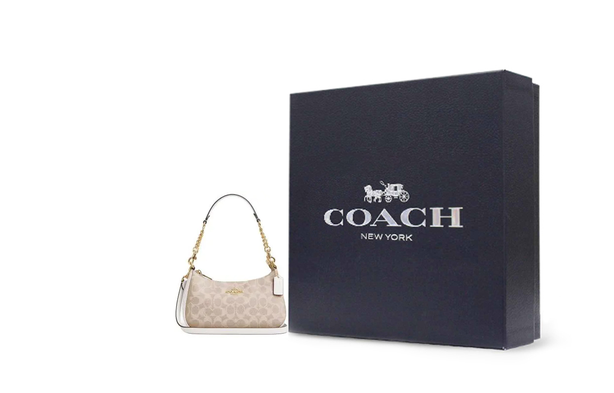 

COACH Терри с покрытием из холста портативная сумка через плечо на пояс среднего размера женская песочная и меловая белая