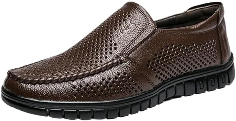 Лоферы кожаные дышащие Mens Breathable Leather Slip On Loafers Lightweight Classic Design Anti Slip Sole for Daily Comfort Wear, Brown UOPYNE