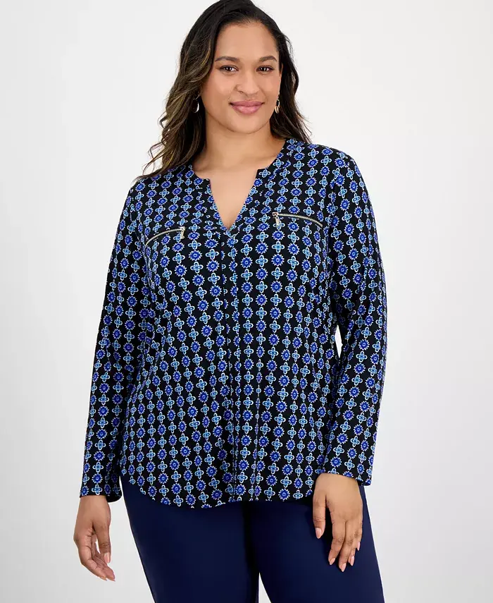 

Топ больших размеров с принтом, V-образным вырезом и длинными рукавами JM Collection, мультиколор