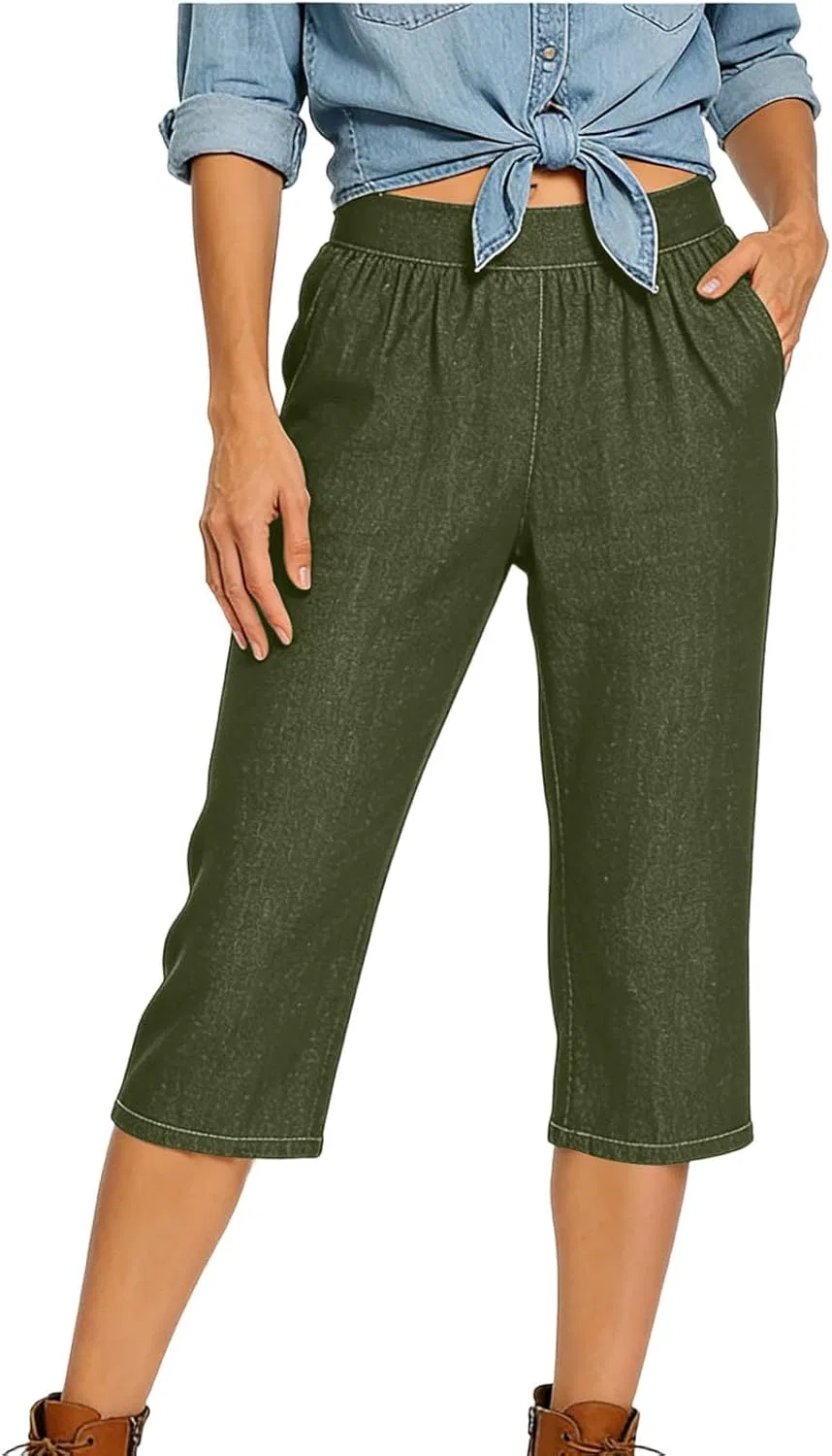 Джинсы капри, на эластичном поясе, Army Green