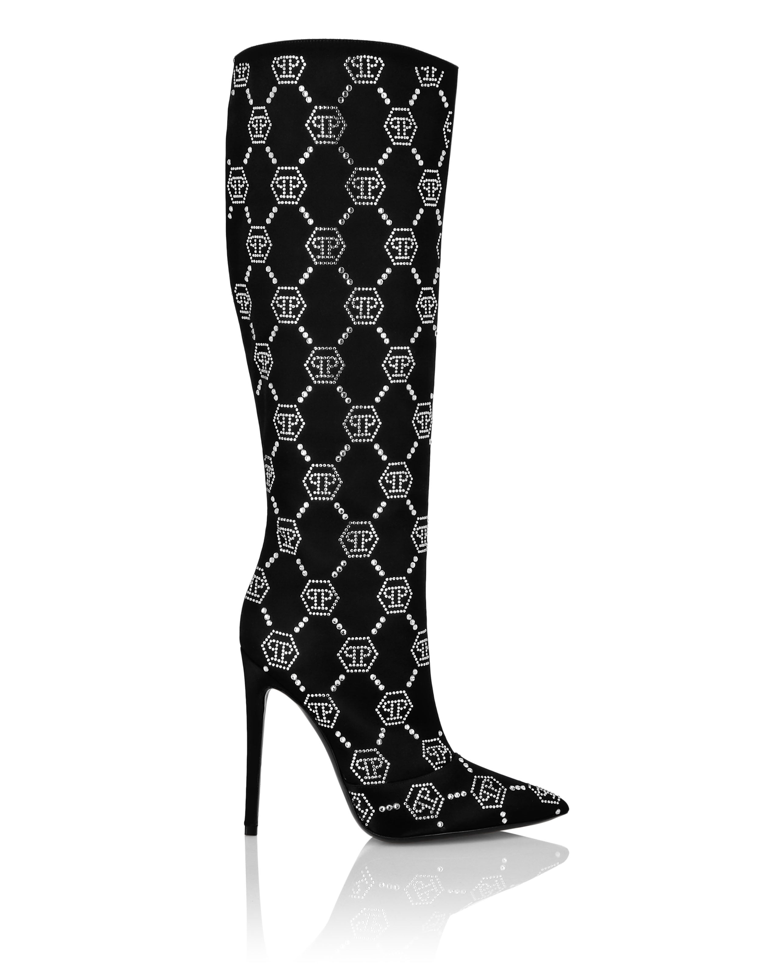 Сатиновые ботфорты на высоком каблуке с отделкой стразами Monogram PHILIPP PLEIN, черный — фото 2