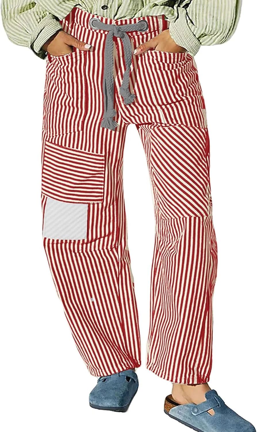 

Женские джинсы в полоску с пачворком High Waist Drawstring Baggy Barrel Wide Leg Cusghjbsg