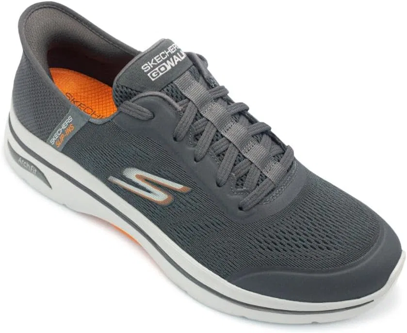 Мужские широкие слипоны Skechers Go Walk Arch Fit 2.0 Simplicity 2, Charcoal And Orange Textile Synthetic — фото 3