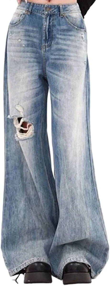 

Женские синие джинсы в стиле Y2K с потертостями и широкими штанинами Vinversoesw