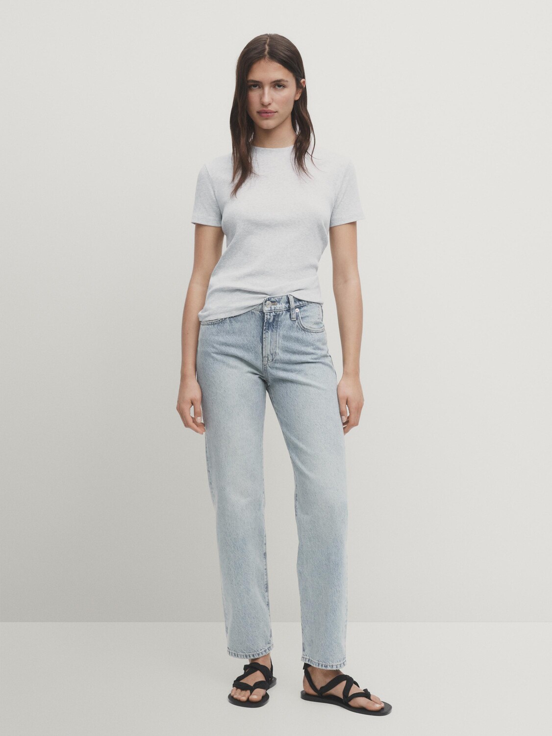 

Футболка с коротким рукавом из 100% хлопка в рубчик Massimo Dutti, серый