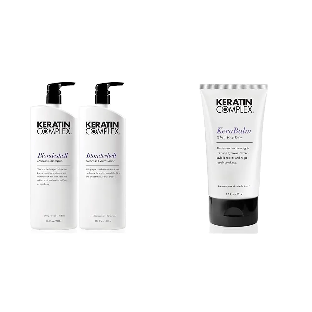 Шампунь и кондиционер Keratin Complex - Blondeshell Debrass (33,8 жидких унций каждый) и бальзам для волос Kerabalm 3-в-1 (1,7 жидких унций)., purple