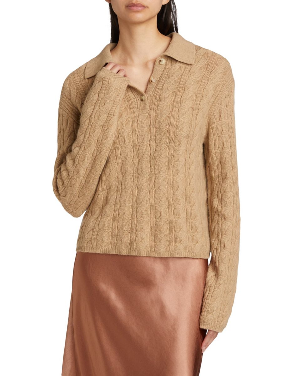 

Свитер-поло из шерсти и кашемира с косичной вязкой Vince, цвет Cashew