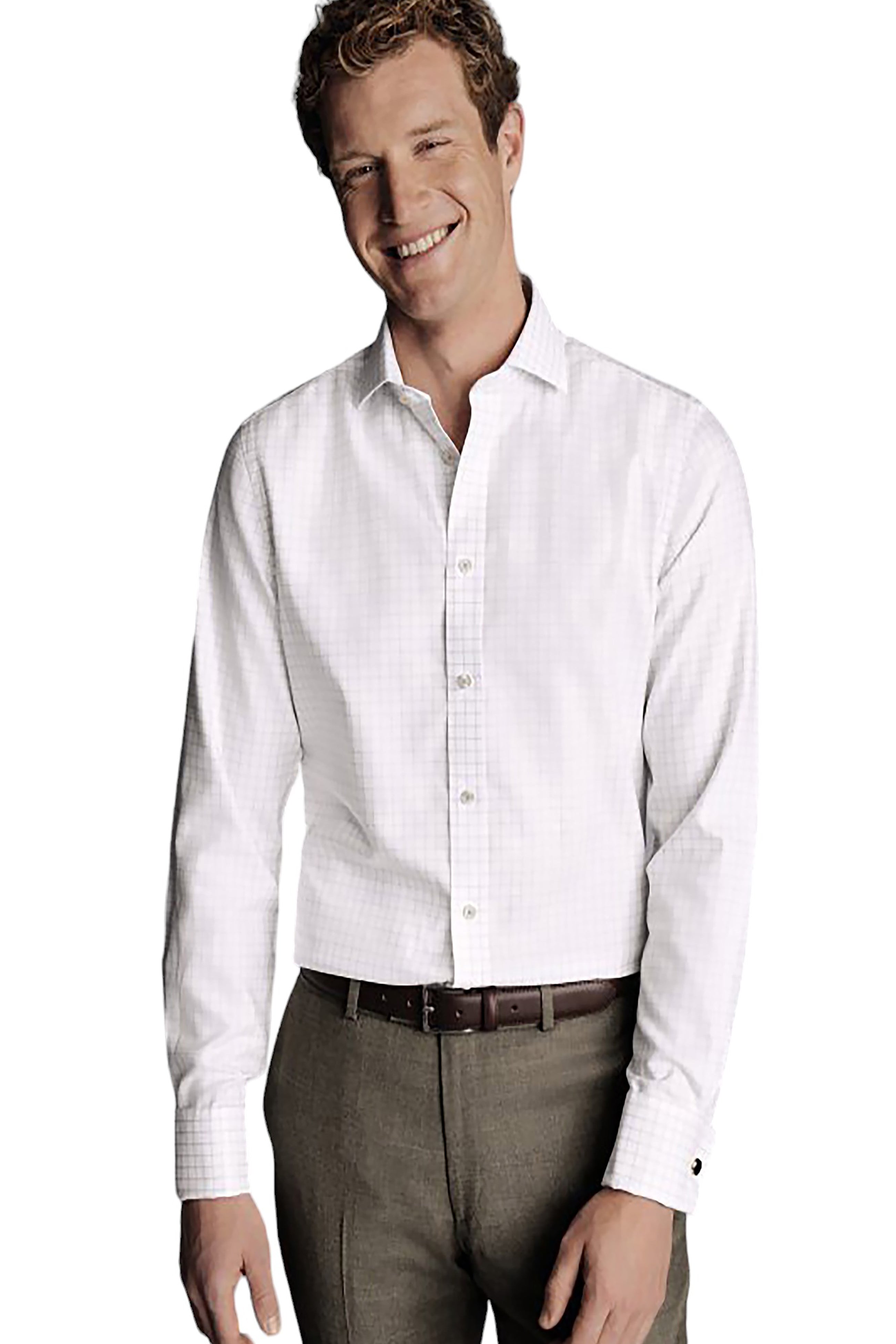 

Мужская рубашка Charles Tyrwhitt Non-Iron Clifton Weave Check Cutaway Slim Fit с двойными манжетами, серебристо-серый