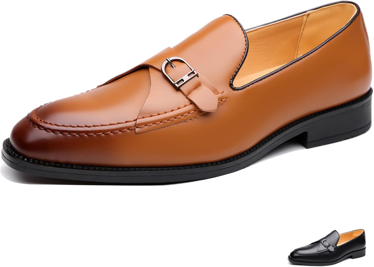 

Мужские кожаные лоферы с закрытым носком и отделкой под монету, модная металлическая пряжка, удобные, легкие, без шнуровки, с низким массивным каблуком, деловая обувь для костюмов, повседневная и ежедневная носка Mdioep, коричневый
