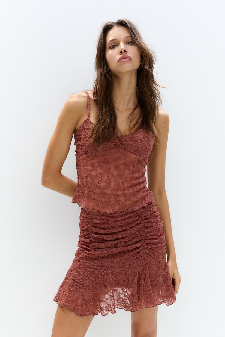 

Кружевной топ с бретельками Pull And Bear, коричневый