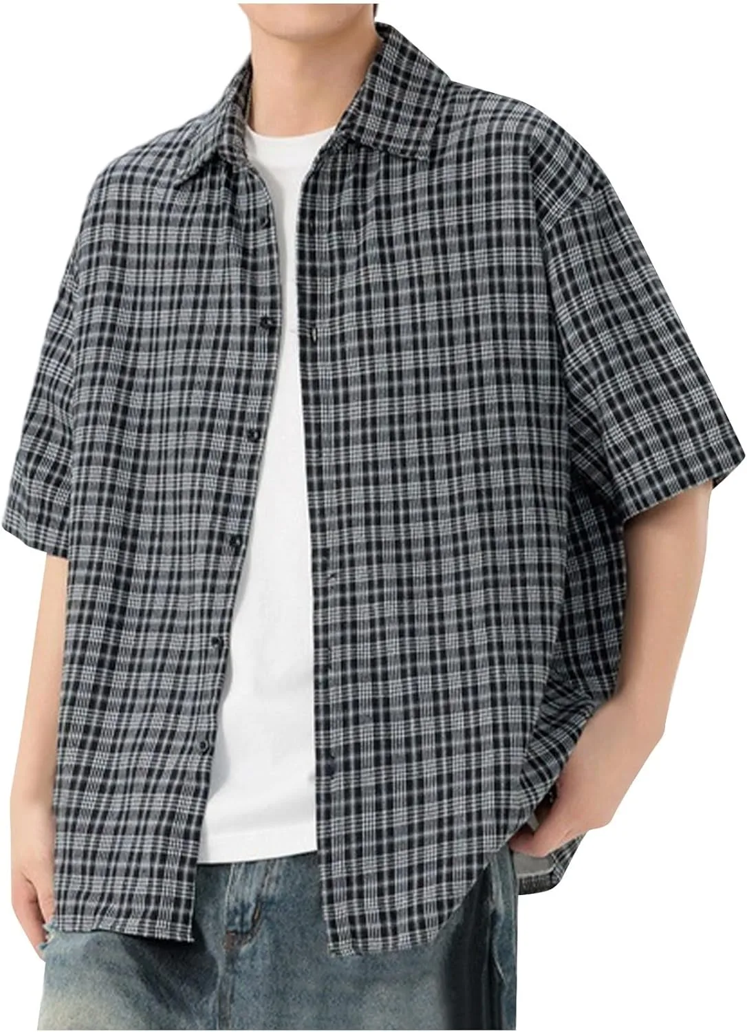 

Мужская рубашка с коротким рукавом и воротником, клетчатая, хлопковая, Casual Xiaojmake