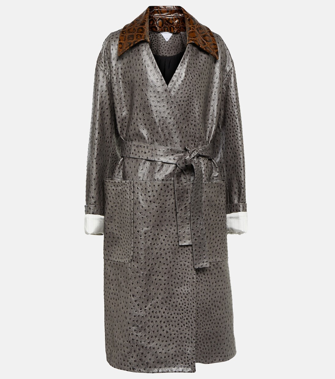 

Кожаное пальто с тиснением Bottega Veneta, серый