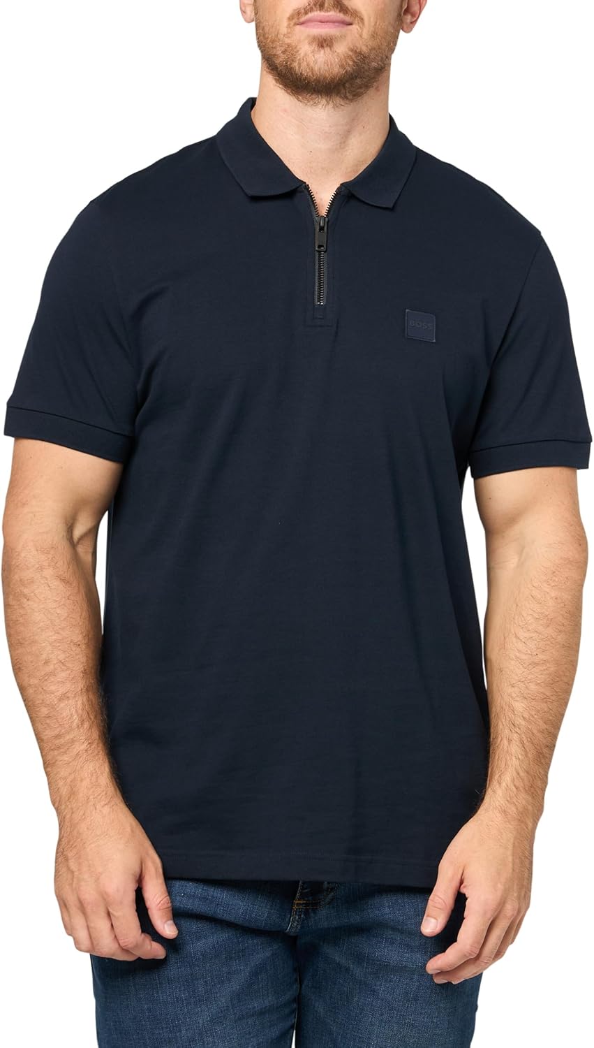 

BOSS мужская поло с логотипом и молнией, Premium Navy, Синий, BOSS мужская поло с логотипом и молнией, Premium Navy
