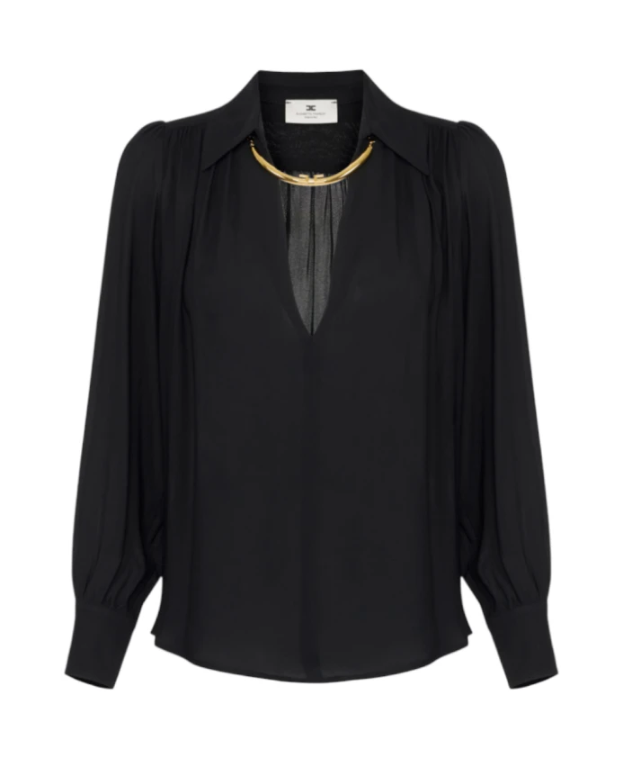 

Черная рубашка с ювелирным украшением, приталенный крой. Elisabetta Franchi, черный