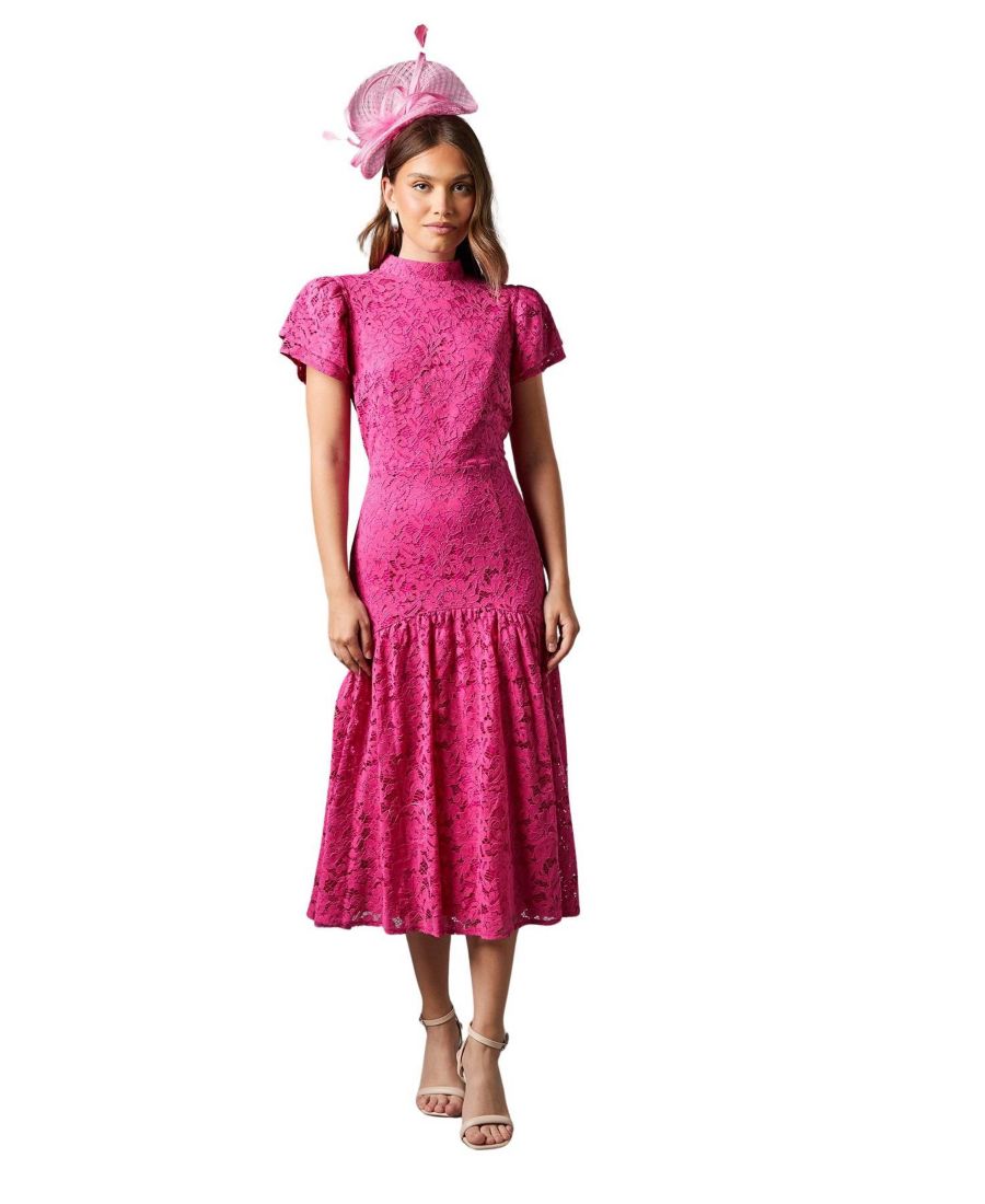 

Женское миди-платье с кружевными оборками на рукавах и высоким воротником Coast, Pink