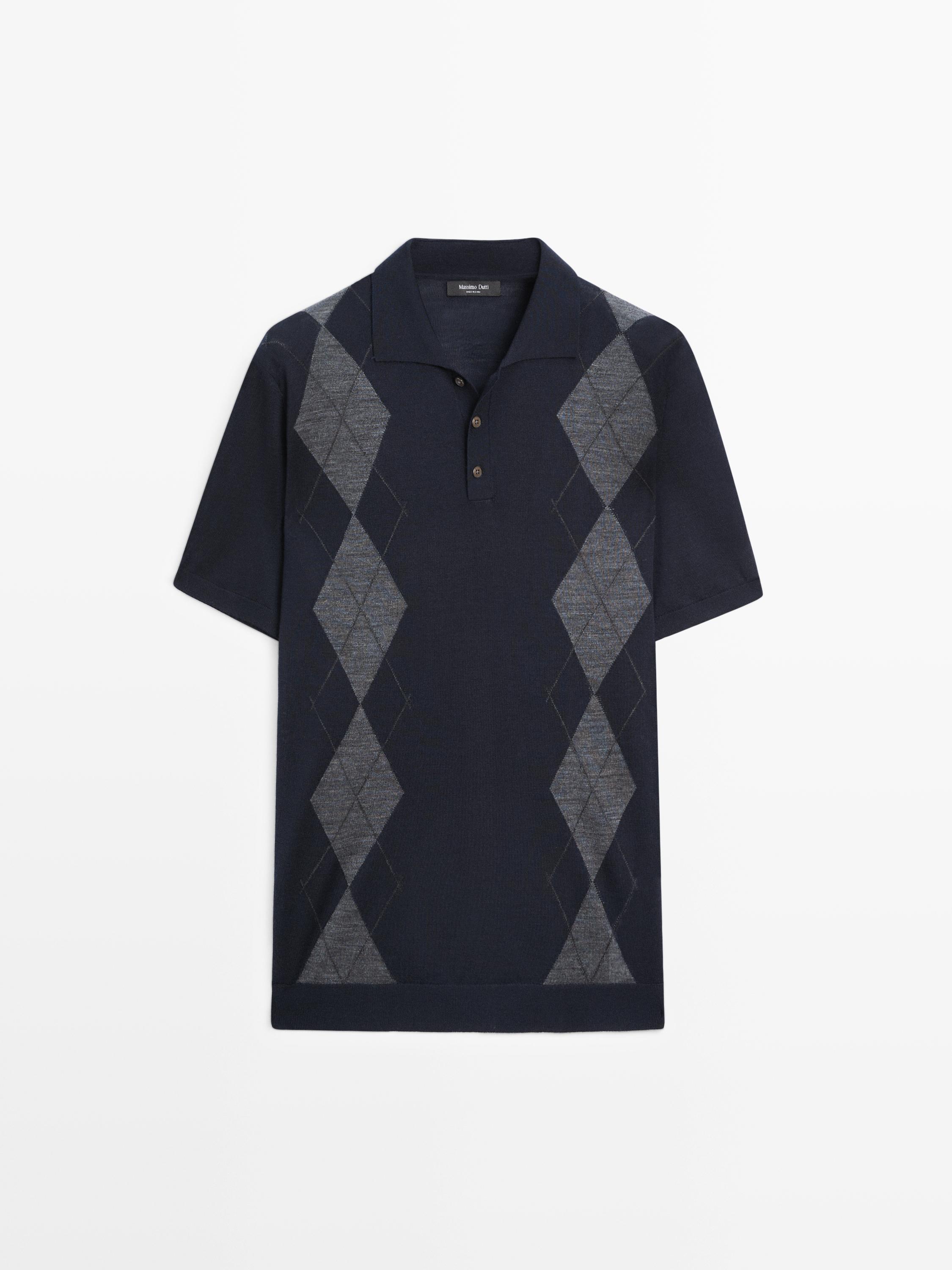 Вязаный свитер-поло из смеси мериносовой шерсти с узором аргайл Massimo Dutti, navy blue — фото 2