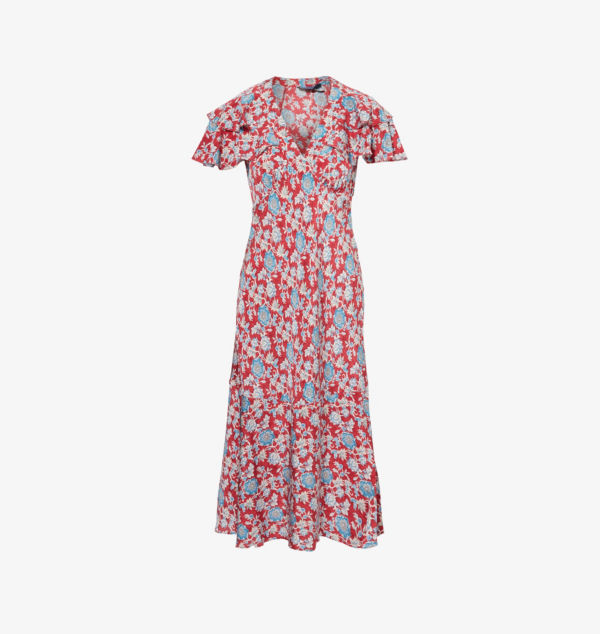 

Платье миди из шелка с цветочным принтом, короткими рукавами и оборками Polo Ralph Lauren, цвет retro garden