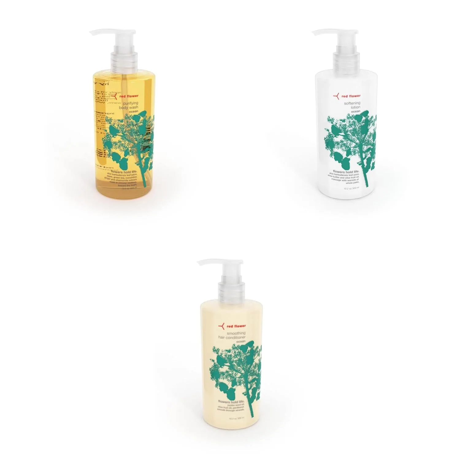 Набор Red Flower Ocean Triple Care: очищающий гель для душа, смягчающий лосьон и разглаживающий кондиционер для волос Ocean для увлажненной кожи и шелковистых волос., Red
