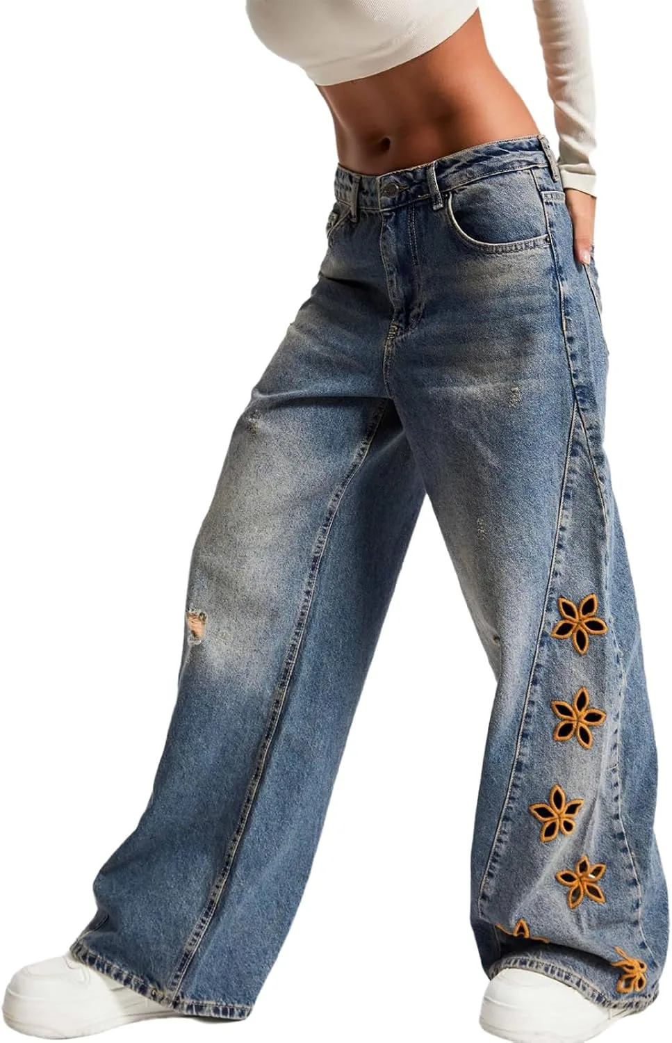 

Женские джинсы с высокой талией и широкими штанинами, в стиле Y2K, с эффектом потертостей и цветочной вышивкой MRNYQBM