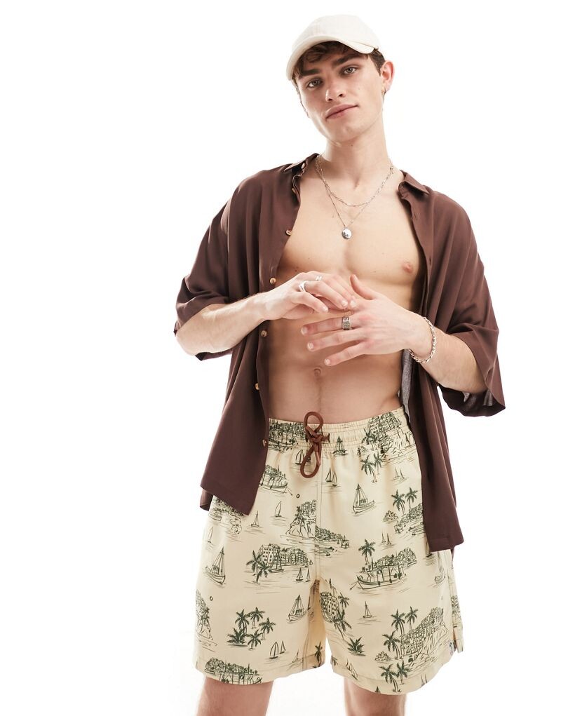 

Hunky Trunks – кремовые шорты для плавания с пейзажным принтом