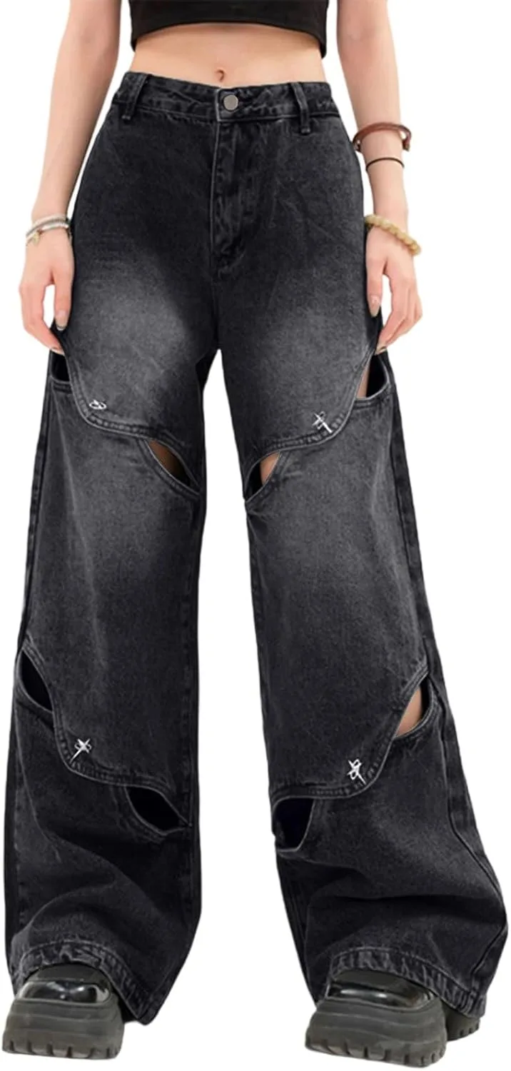 

Прямые джинсы с широкими штанинами для женщин, high waisted, с эффектом tummy control, casual, в стиле boyfriend, с потертостями и разрывами, деним в стиле y2k