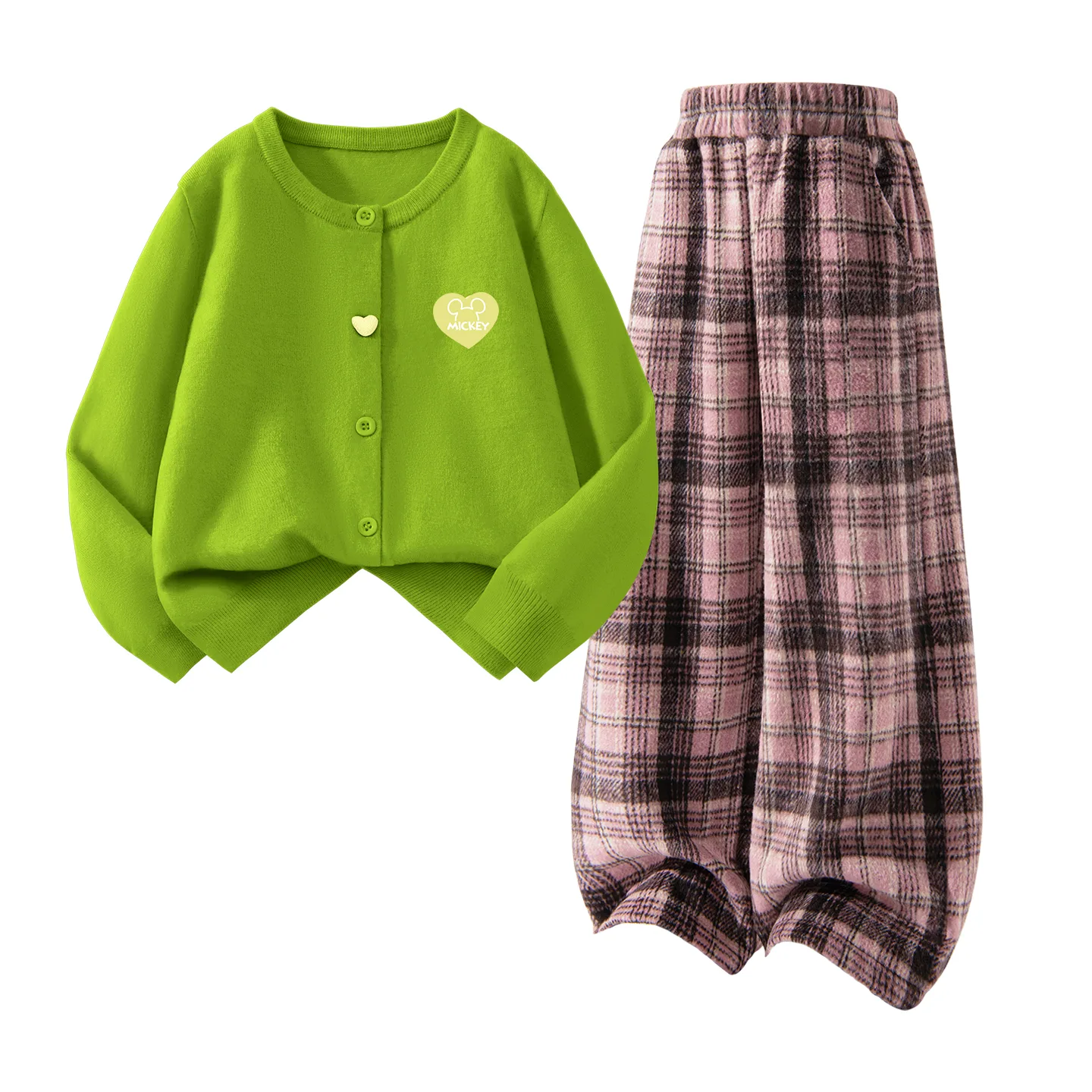 Детский спортивный костюм с воротником-стойкой на флисе Disney, [Thickened and Fleece-Lined]DiHG Heart-Shaped Hook-and-Loop K Grass Green+Solid Color Pink Plaid