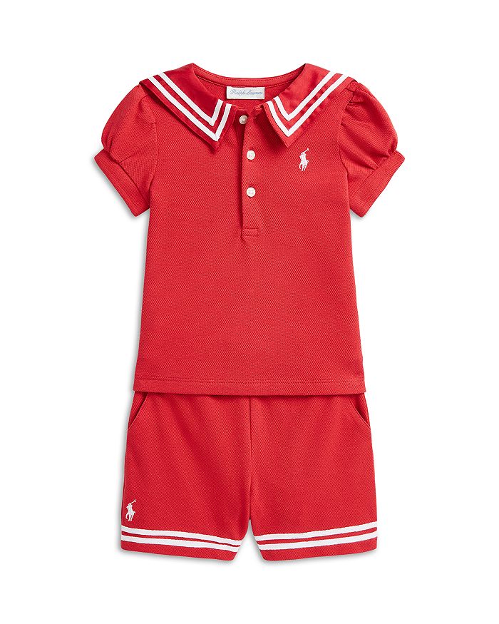 

Детский комплект для девочки: поло с сетчатыми вставками и шорты - Baby Ralph Lauren, красный