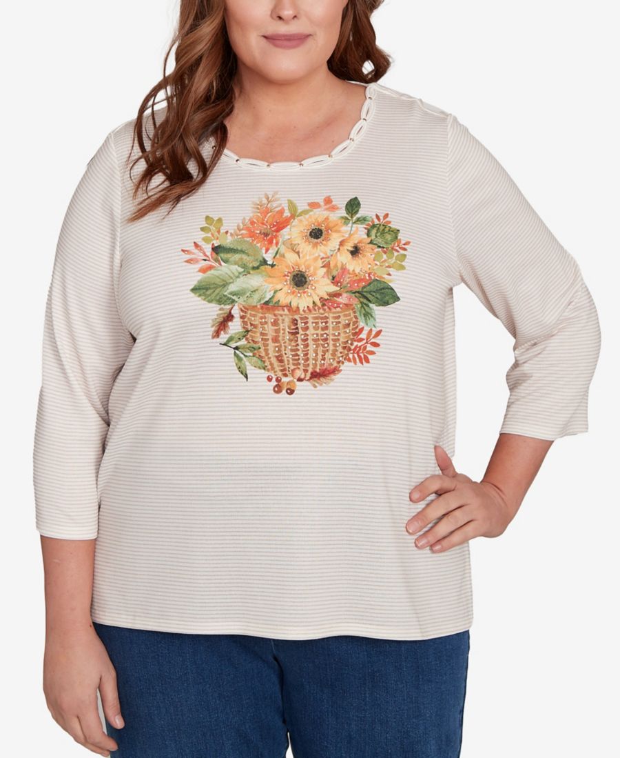 

Классический топ большого размера с круглым вырезом и принтом "корзинка урожая" Alfred Dunner, Oatmeal Multi