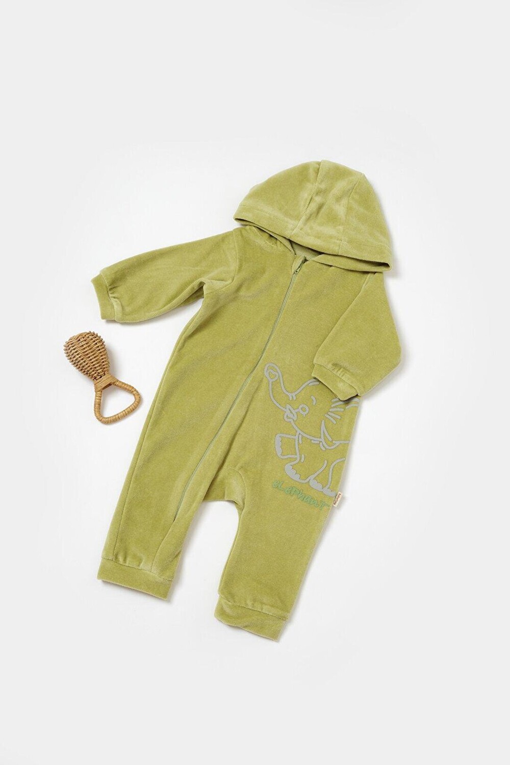 

Бархатный комбинезон на молнии с капюшоном BabyCosy Organic Wear, светло-зеленый