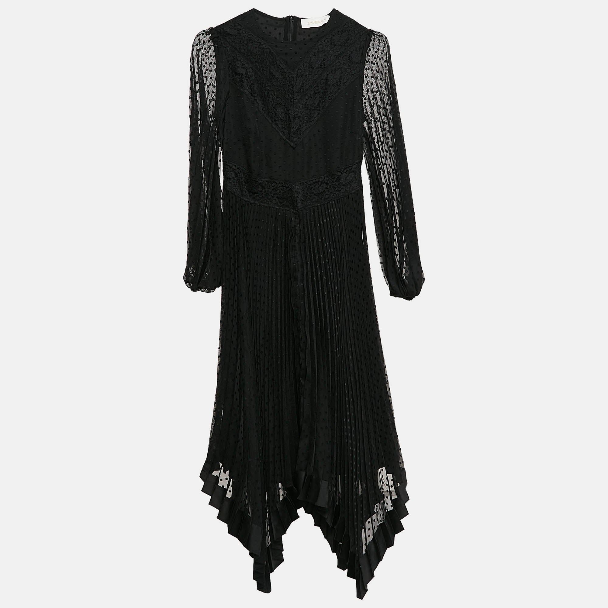 

Платье-миди Zimmermann Black Swiss Dots из кружева и шифона с плиссировкой в ​​стиле «Шпионский стиль»