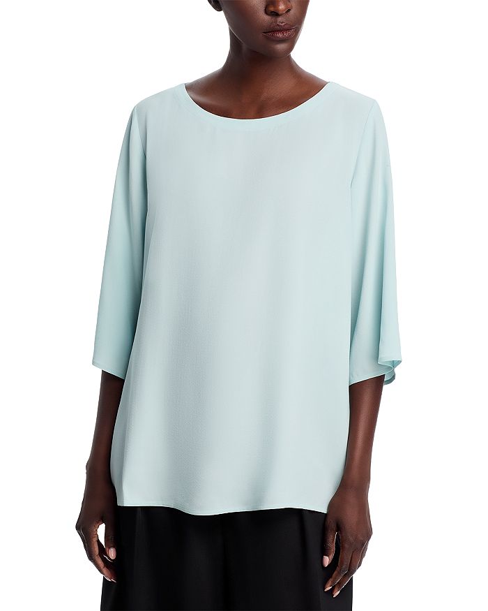 

Шелковый топ с воротником-стойкой Eileen Fisher, синий