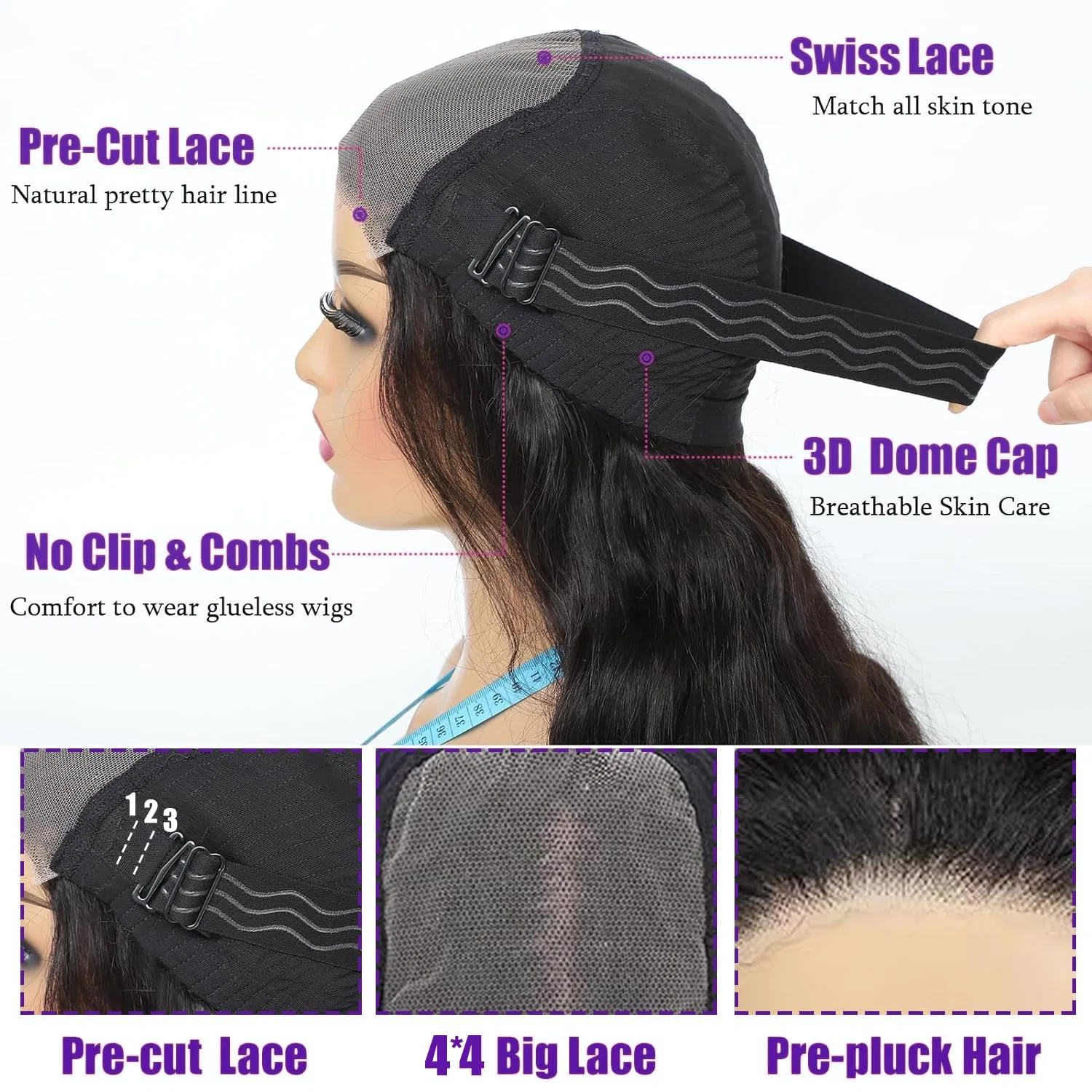 Женский парик из натуральных волос Wear and Go Glueless Wigs, предварительно выщипанный и подстриженный, волнистый, 26 дюймов Rebasar, Black — фото 4
