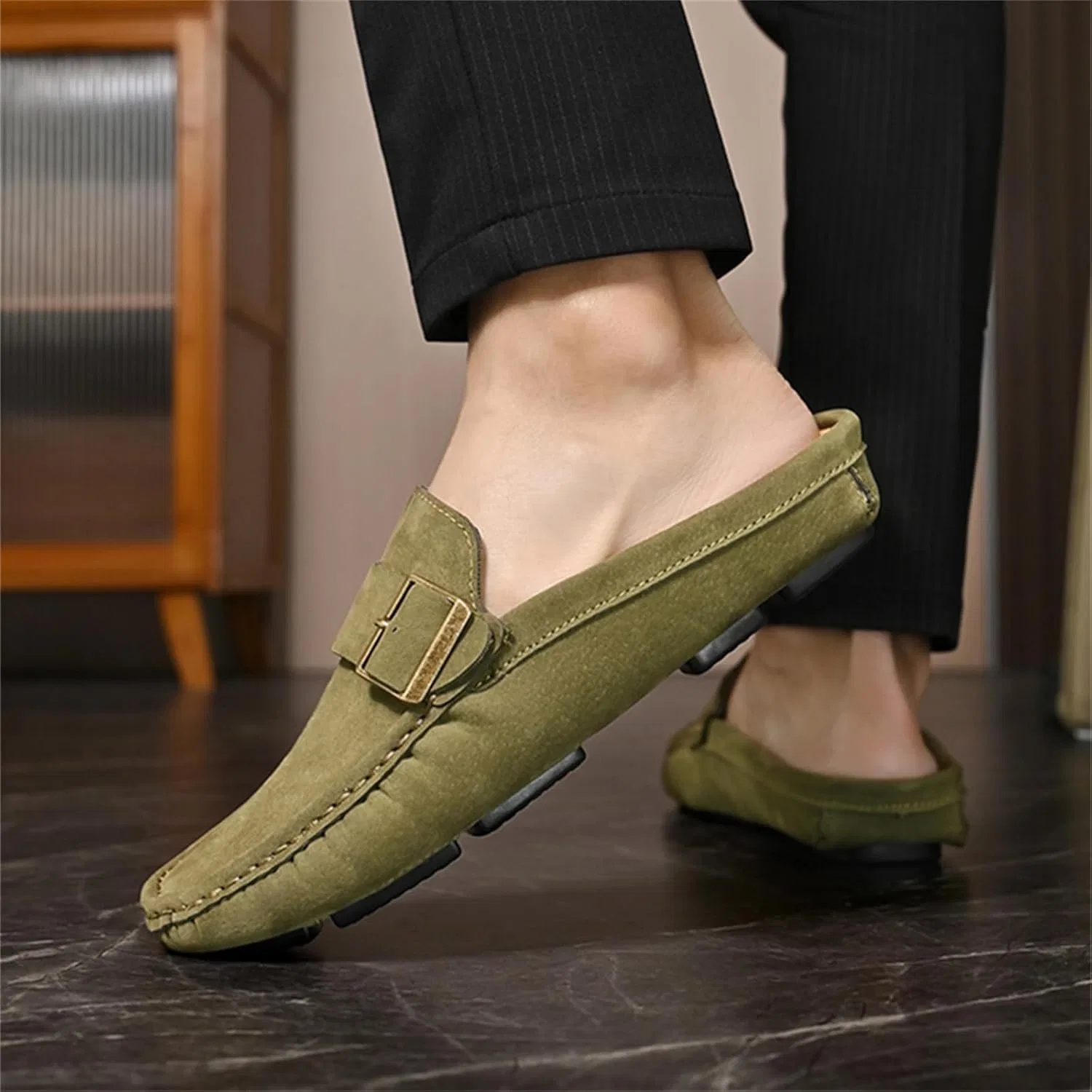 Мужские мюли из замши, кожаные, Loafers Slip-Ons, зеленые Psieicwm — фото 2