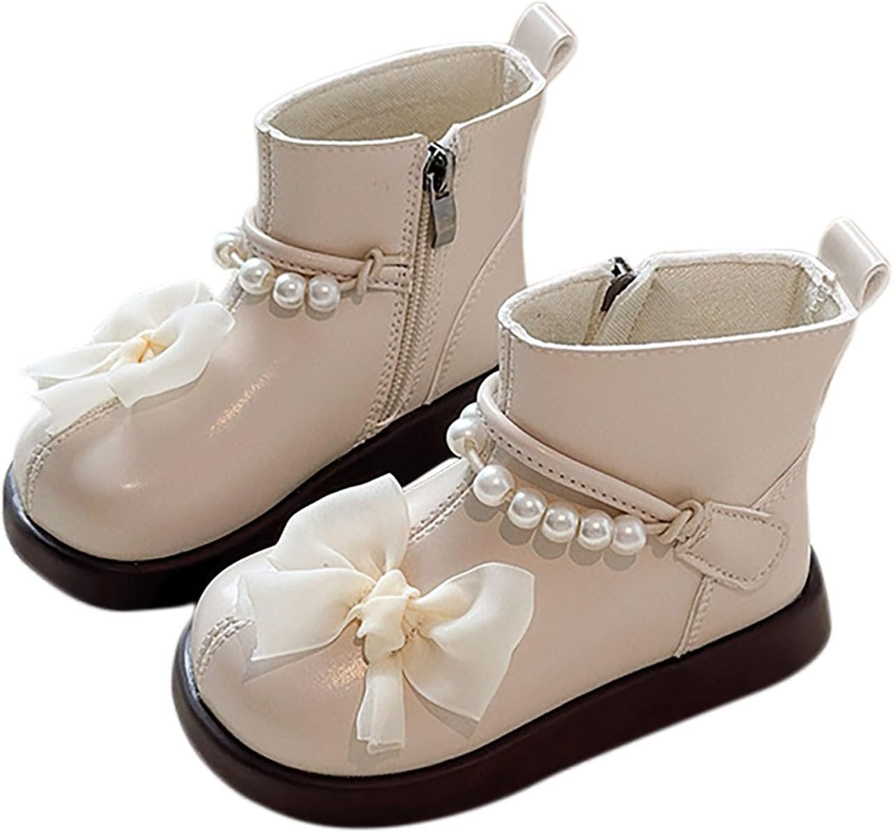

Ботильоны для девочек-подростков с бантом и жемчужинами, детская обувь, ботинки из ПУ-кожи с боковой молнией, короткие ботинки, размер 18 месяцев - 10 лет Zzalalana, Beige