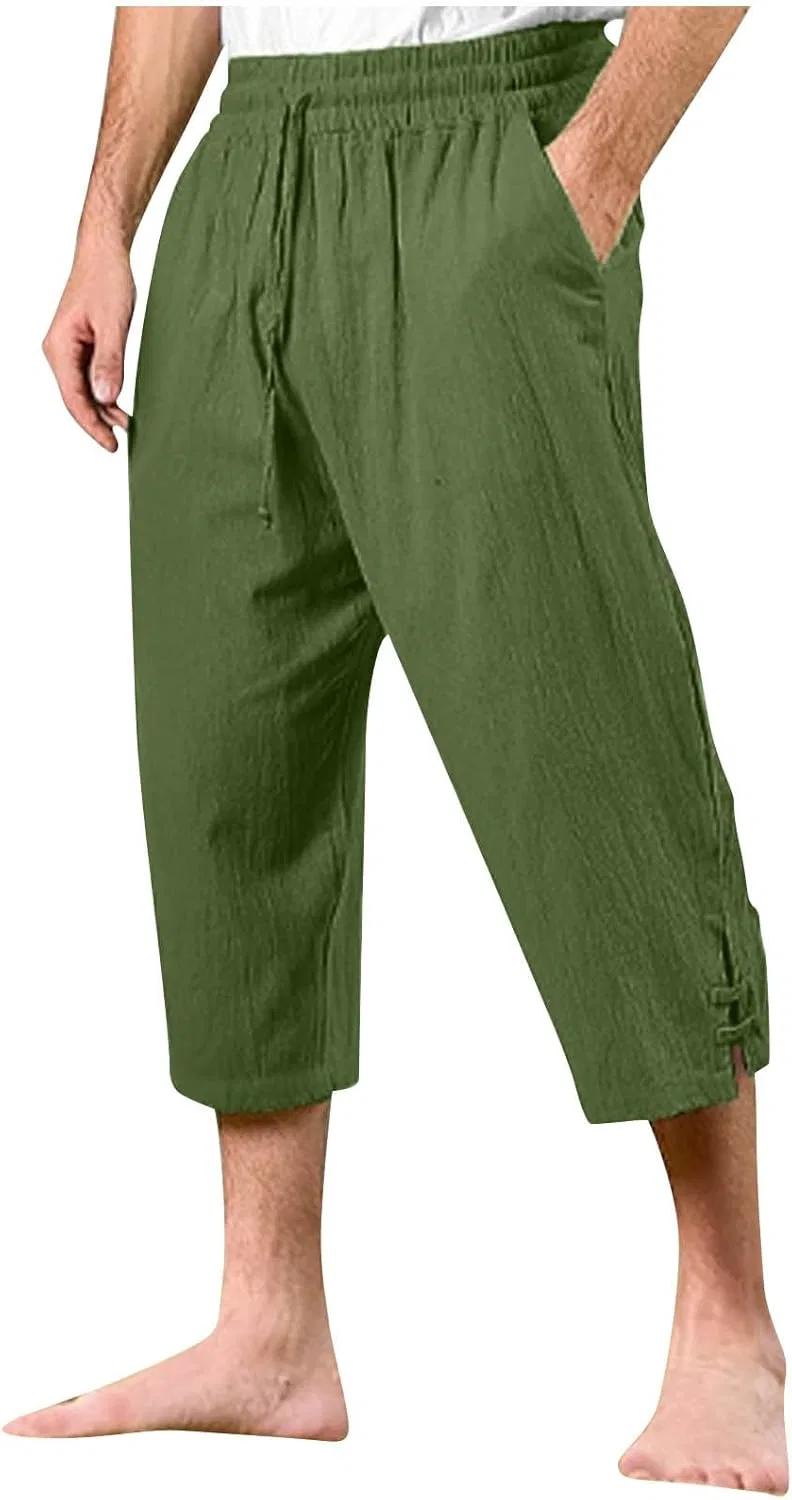Мужские капри из льна и хлопка, свободный крой, на резинке, широкие, Green