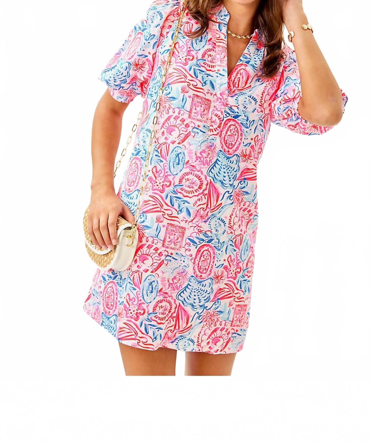 

Mialeigh Elbow Sleeve Linen Printed Dress In Resort White Lil Sun Sea Sand Lilly Pulitzer