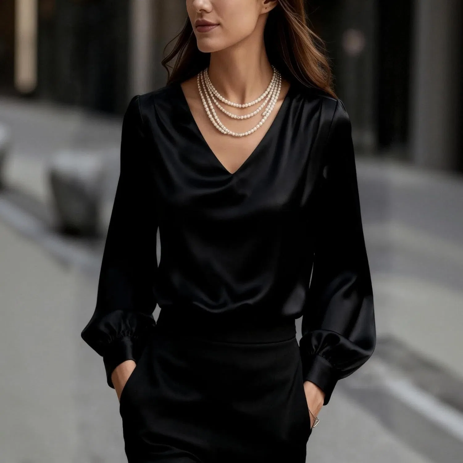 Блуза сатиновая, женская, Button-down shirt, черный — фото 2