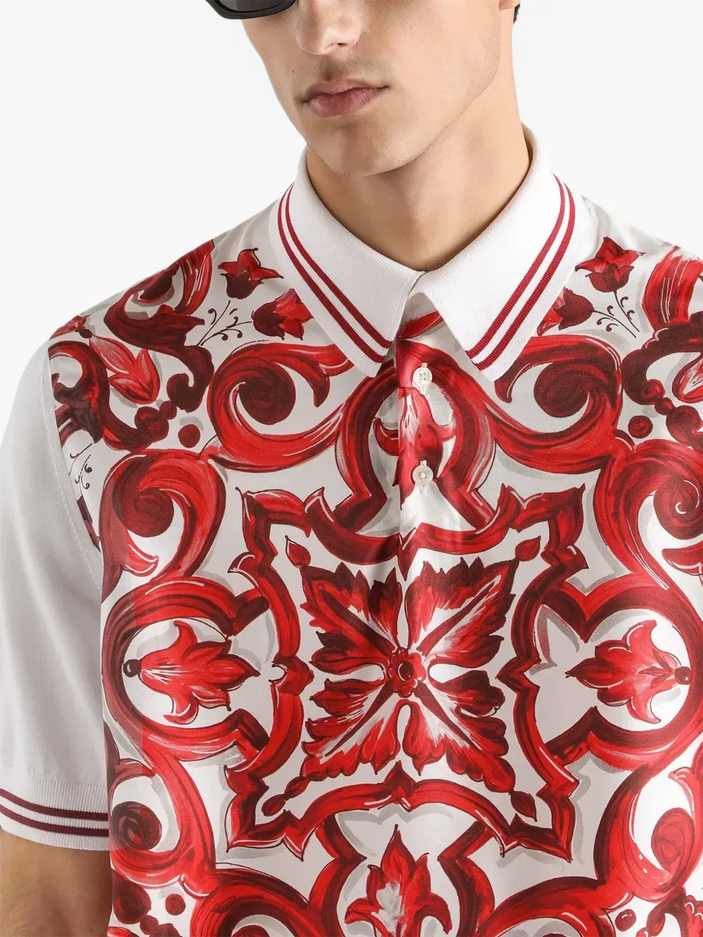 Поло с майоликовой печатью из шелка и гладкого хлопка Dolce & Gabbana, белый — фото 4