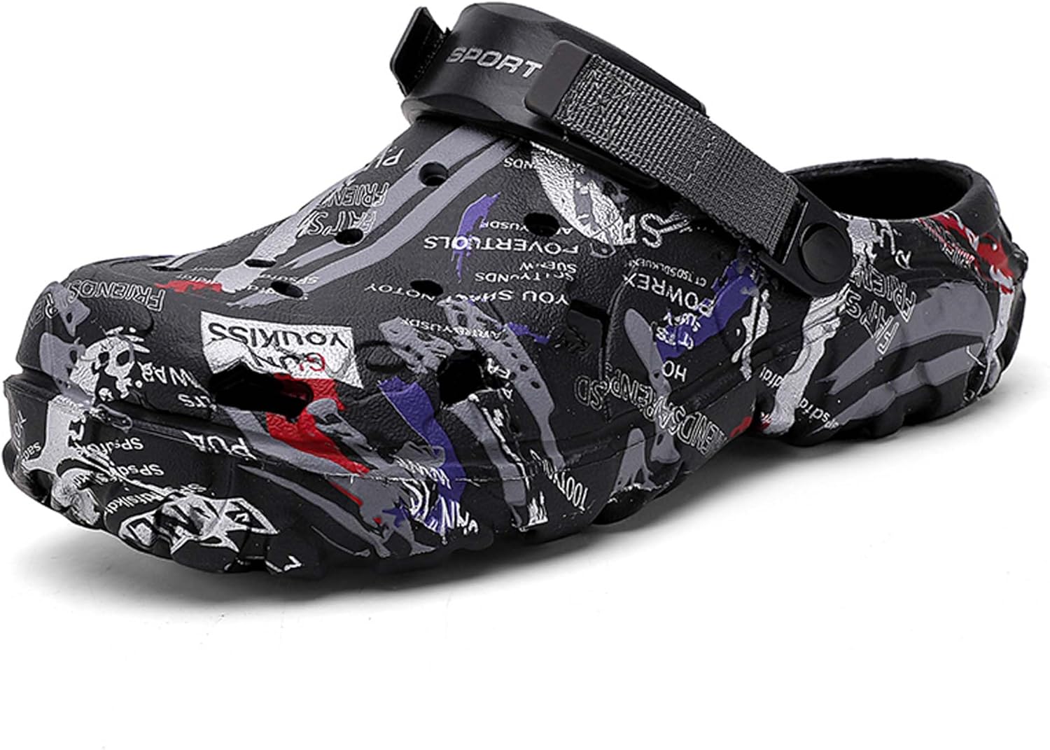

Мужские сандалии с граффити, садовые сабо, легкие, противоскользящие, дышащие, водонепроницаемые пляжные и повседневные сандалии, один обувной вариант для двух способов ношения, регулируемый ремешок на пятке Generic, черный