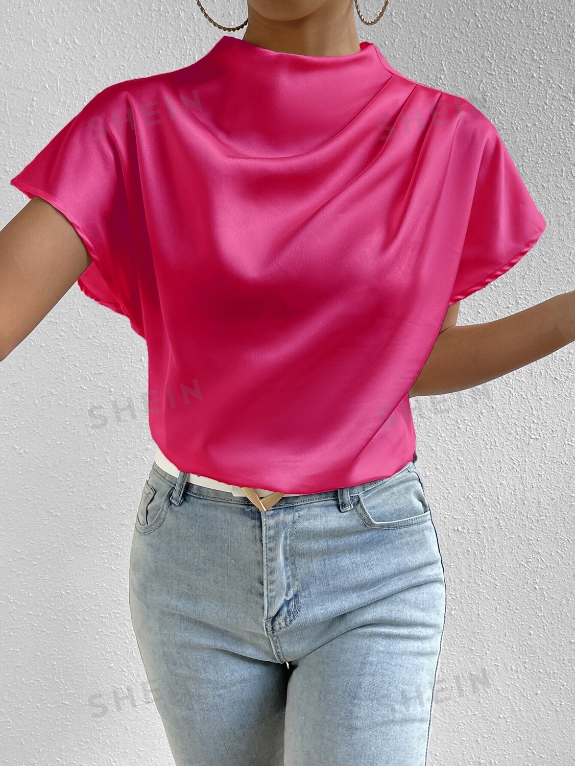 

Рубашка Shein Frenchy с круглым вырезом и рукавами, розовый