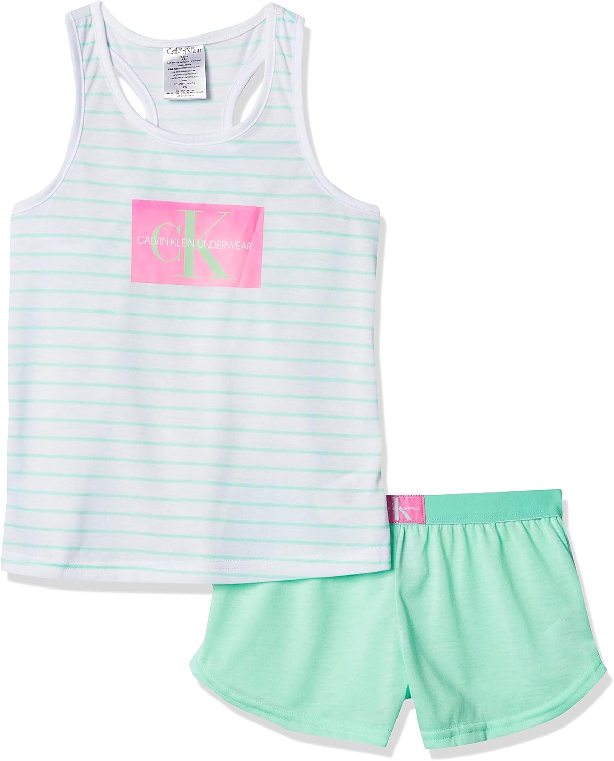 

Пижамный комплект Calvin Klein для девочек: симпатичный топ и удобная блузка с короткими штанами, White Mint Stripe