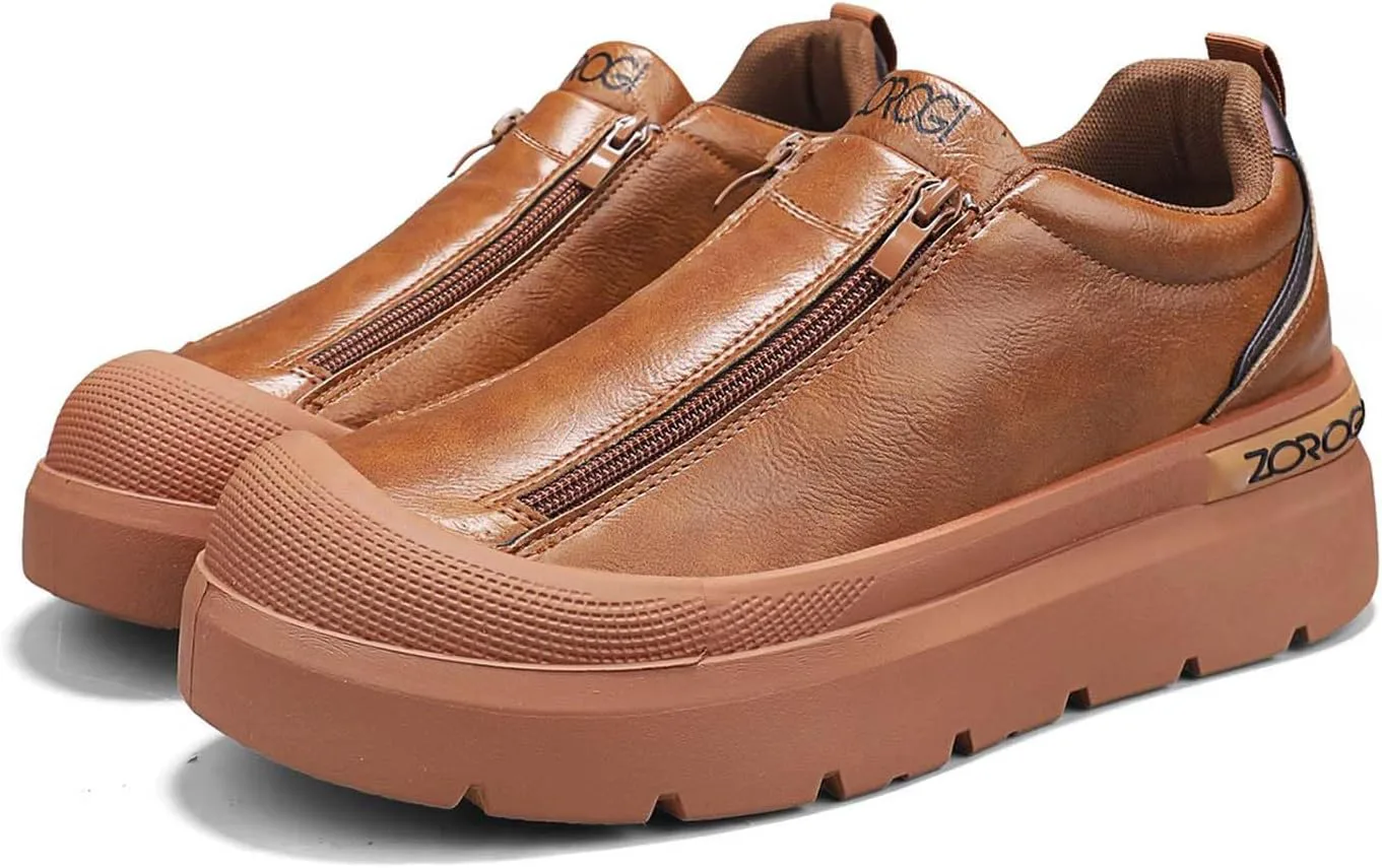 Men's Double Zipper Baotou Fashionable Sports Simple Leisure Low Cut Waterproof Board Kitchen Shoes Generic, коричневый — фото 2
