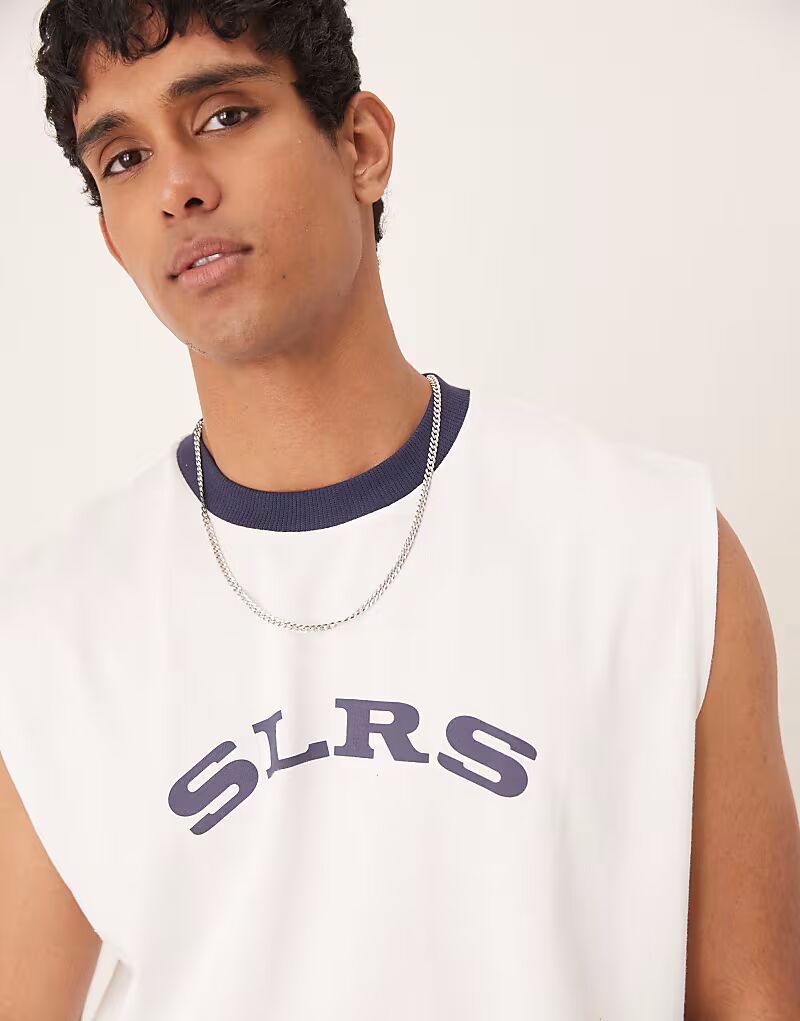 

ASOS DESIGN плотная свободная майка свободного кроя с принтом белого цвета
