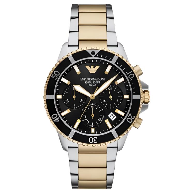

EMPORIO ARMANI Часы World Explorer Solar Powered Chronograph Two Tone Stainless Steel Watch, Black Dial