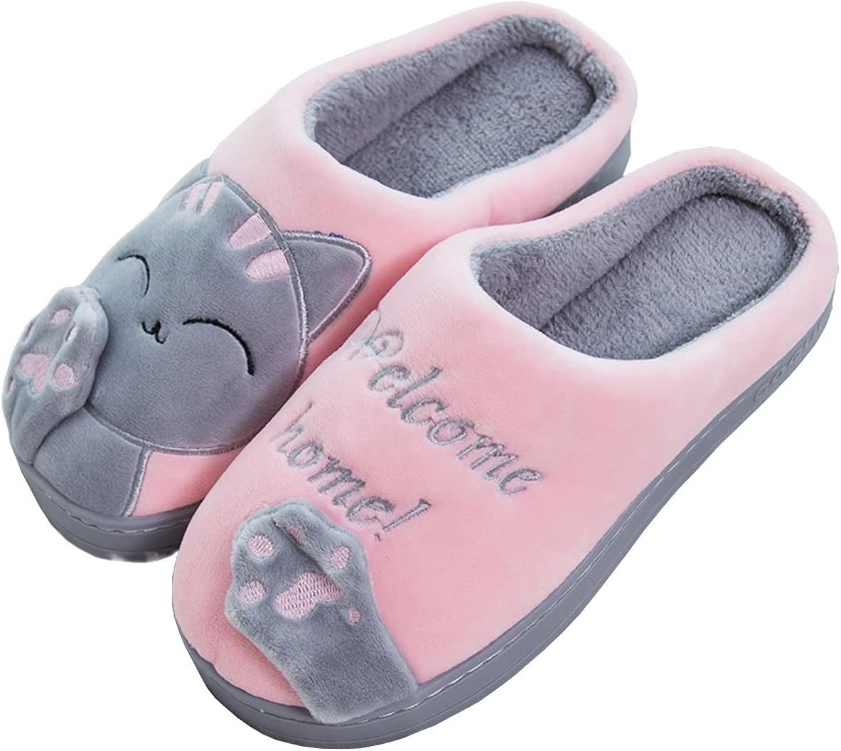 

Женские тапочки Rojeam с милым котиком, плюшевые, зимние, теплые, для дома, против скольжения, для женщин и мужчин, серый